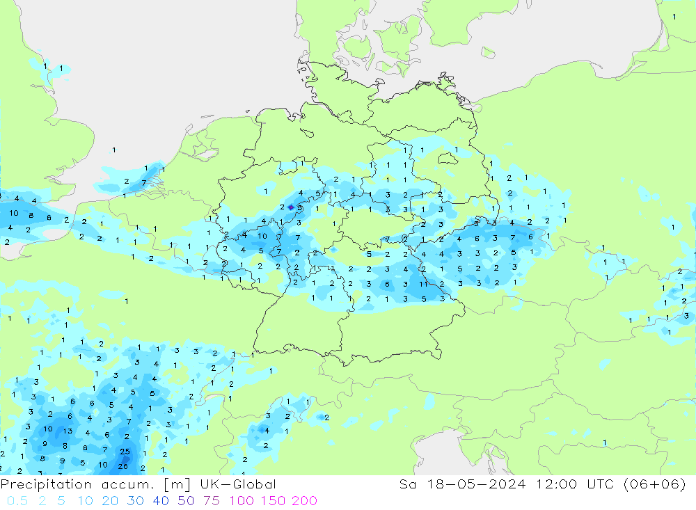 Precipitation accum. UK-Global Sáb 18.05.2024 12 UTC