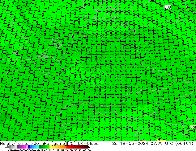 Hoogte/Temp. 700 hPa UK-Global za 18.05.2024 07 UTC