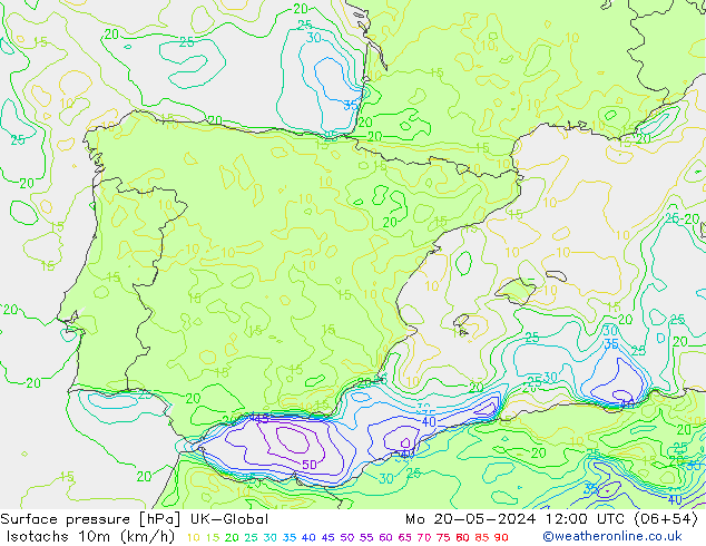 Eşrüzgar Hızları (km/sa) UK-Global Pzt 20.05.2024 12 UTC