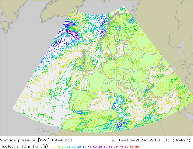 Isotachs (kph) UK-Global dim 19.05.2024 09 UTC