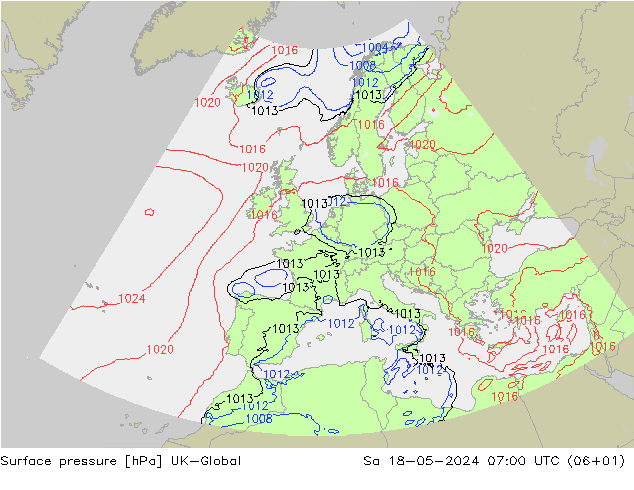 Atmosférický tlak UK-Global So 18.05.2024 07 UTC