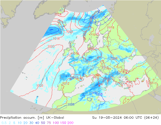 Precipitation accum. UK-Global nie. 19.05.2024 06 UTC