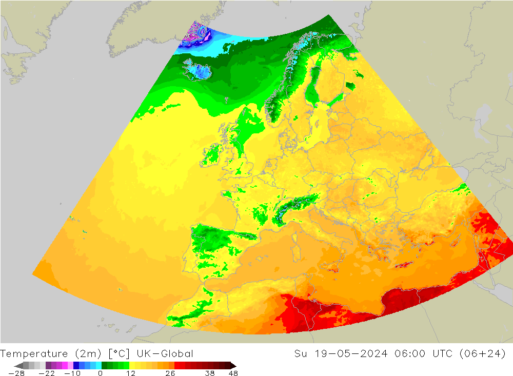 Temperatura (2m) UK-Global dom 19.05.2024 06 UTC