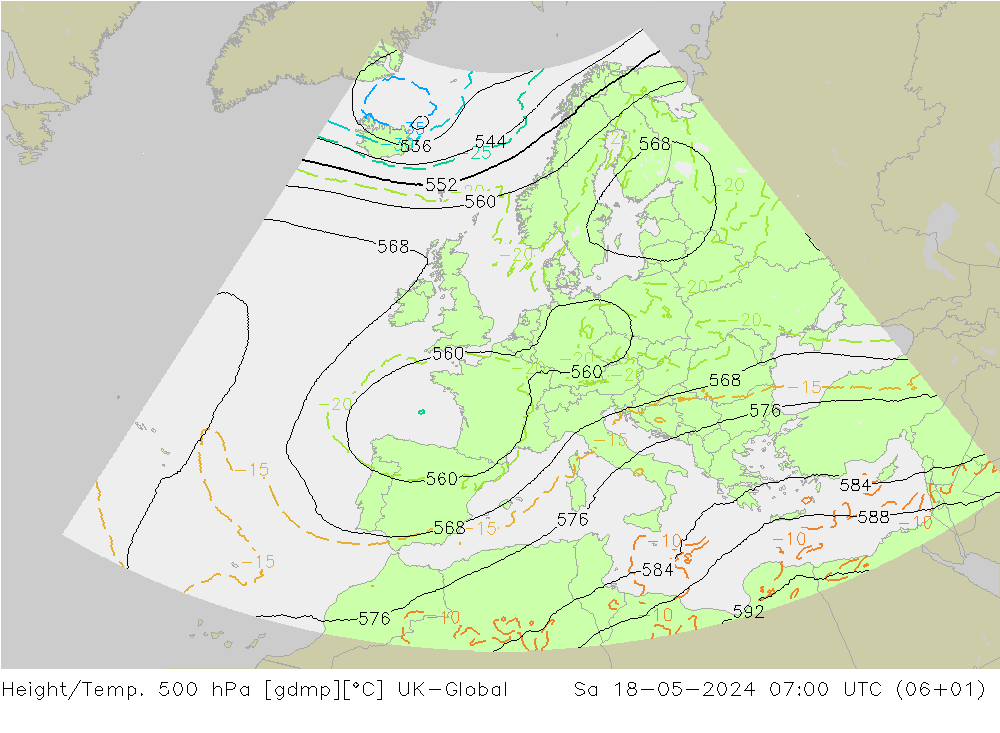 Height/Temp. 500 hPa UK-Global Sáb 18.05.2024 07 UTC