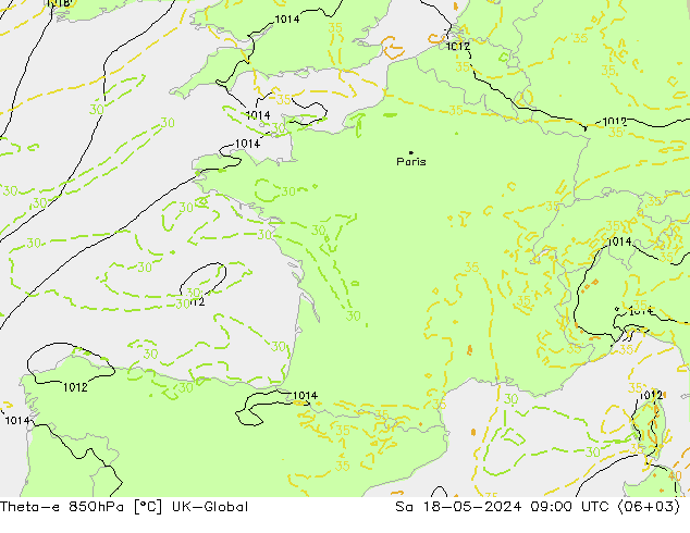 Theta-e 850hPa UK-Global Sa 18.05.2024 09 UTC