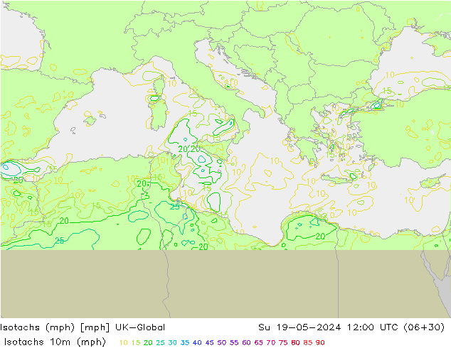 Isotachen (mph) UK-Global zo 19.05.2024 12 UTC