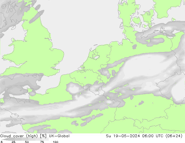 Cloud cover (high) UK-Global Su 19.05.2024 06 UTC