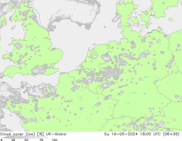Bewolking (Laag) UK-Global zo 19.05.2024 18 UTC