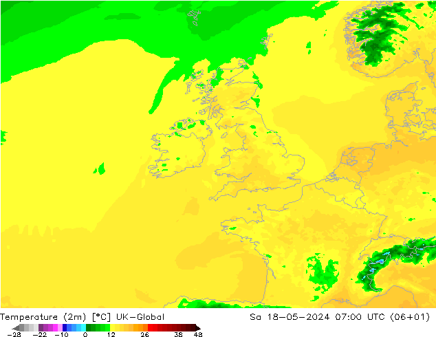 Temperatura (2m) UK-Global sab 18.05.2024 07 UTC