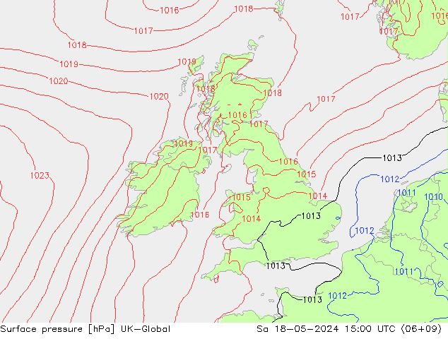 Presión superficial UK-Global sáb 18.05.2024 15 UTC