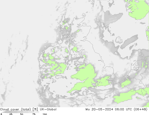 Bewolking (Totaal) UK-Global ma 20.05.2024 06 UTC