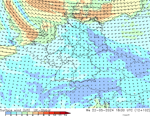 Surface wind (bft) UK-Global We 22.05.2024 18 UTC