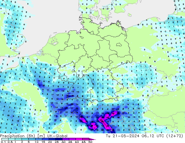 Precipitation (6h) UK-Global Út 21.05.2024 12 UTC