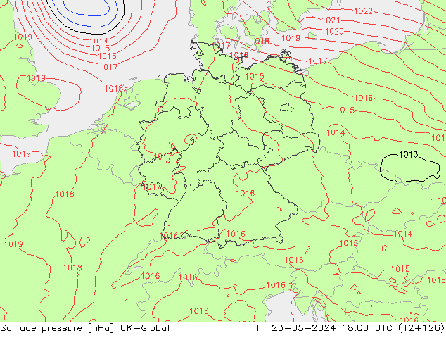 Pressione al suolo UK-Global gio 23.05.2024 18 UTC
