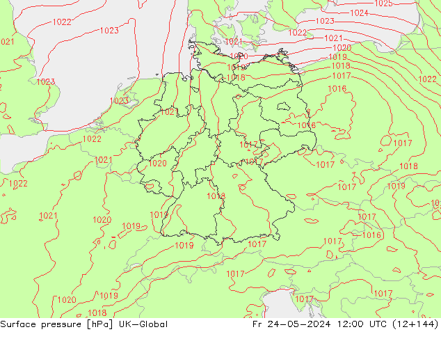 Presión superficial UK-Global vie 24.05.2024 12 UTC