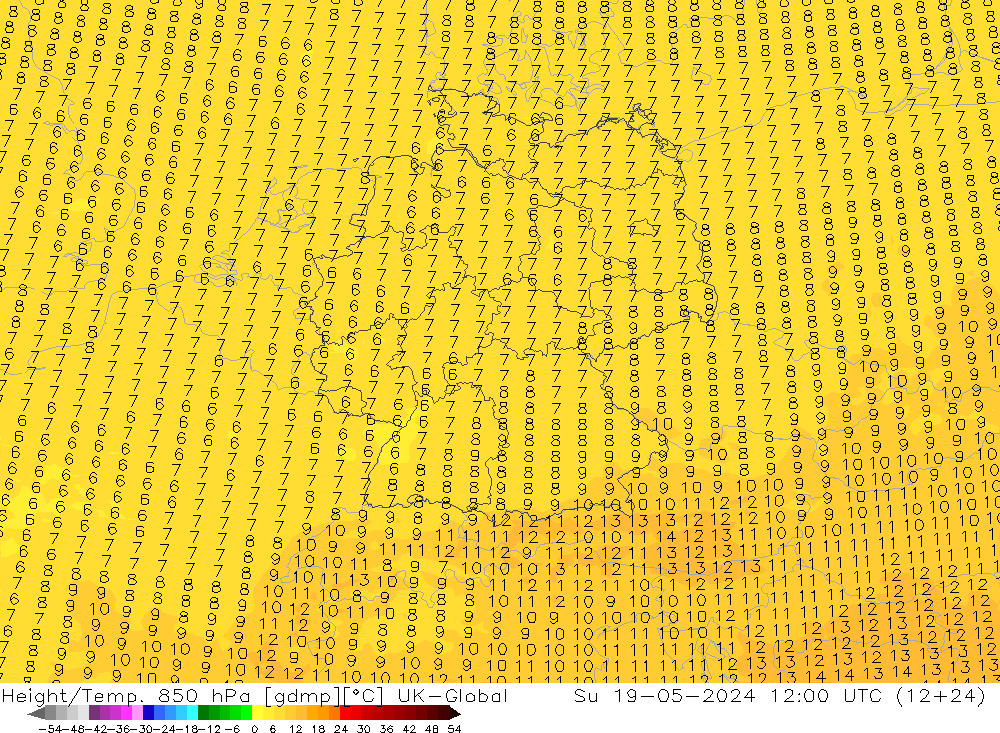 Géop./Temp. 850 hPa UK-Global dim 19.05.2024 12 UTC