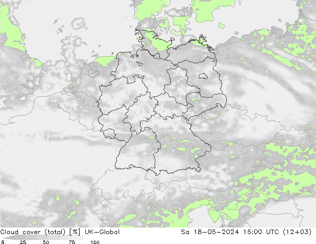 zachmurzenie (suma) UK-Global so. 18.05.2024 15 UTC