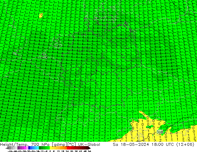 Height/Temp. 700 hPa UK-Global 星期六 18.05.2024 18 UTC