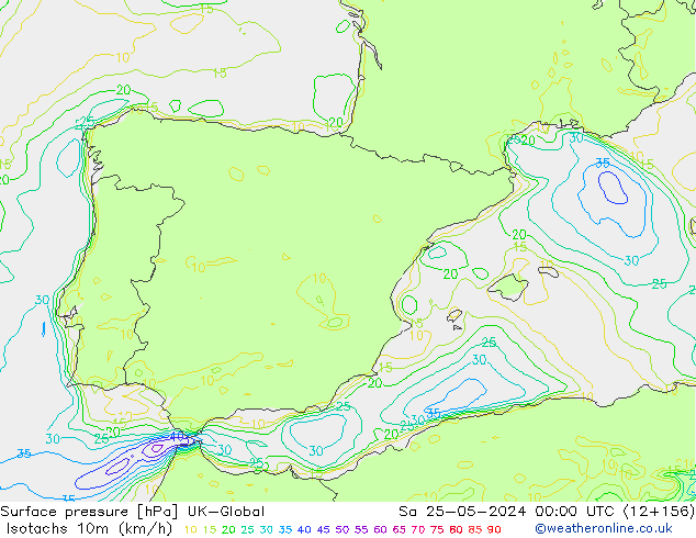 Isotachs (kph) UK-Global Sa 25.05.2024 00 UTC