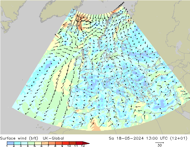 wiatr 10 m (bft) UK-Global so. 18.05.2024 13 UTC