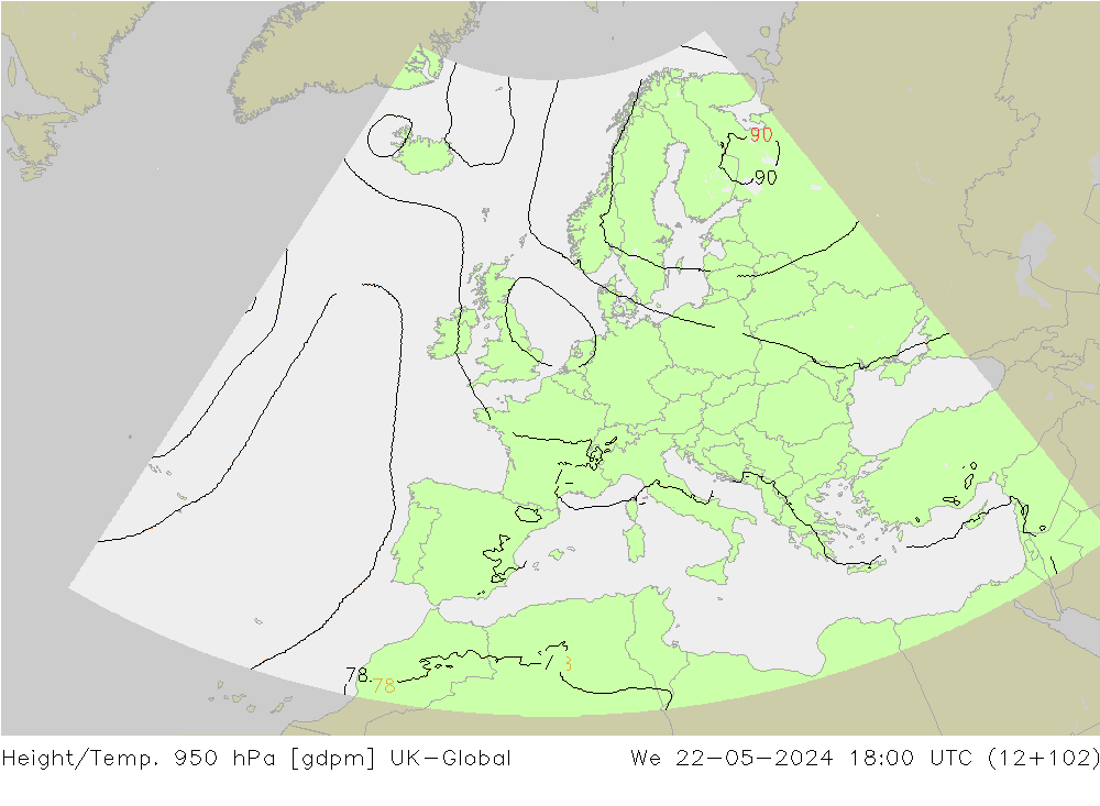 Height/Temp. 950 hPa UK-Global  22.05.2024 18 UTC
