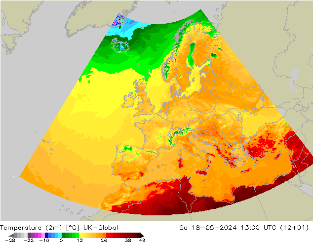 Sıcaklık Haritası (2m) UK-Global Cts 18.05.2024 13 UTC
