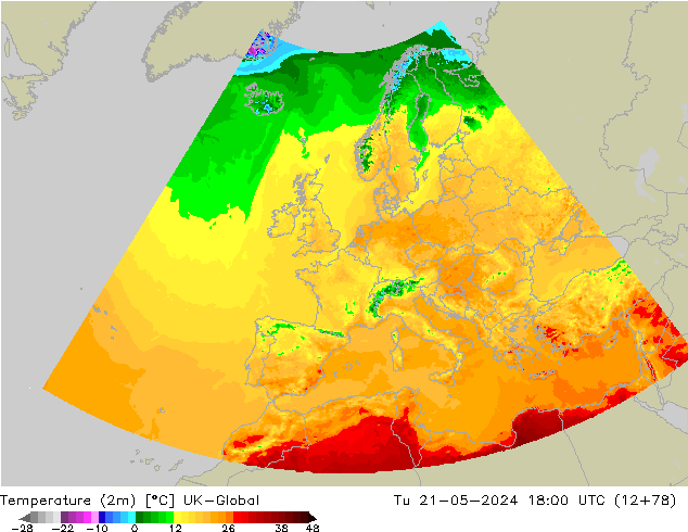 Temperature (2m) UK-Global Tu 21.05.2024 18 UTC