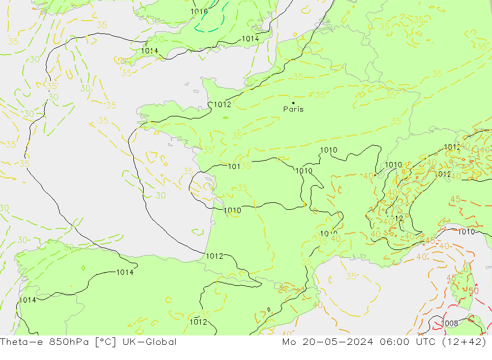 Theta-e 850гПа UK-Global пн 20.05.2024 06 UTC