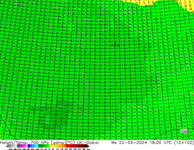 Height/Temp. 700 hPa UK-Global  22.05.2024 18 UTC
