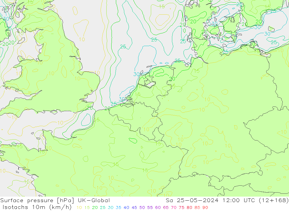 Isotachs (kph) UK-Global сб 25.05.2024 12 UTC