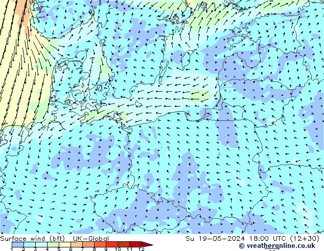 wiatr 10 m (bft) UK-Global nie. 19.05.2024 18 UTC