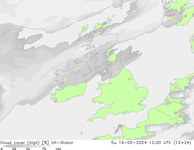 Cloud cover (high) UK-Global Su 19.05.2024 12 UTC