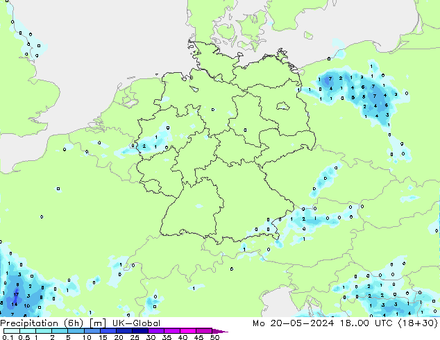 Precipitation (6h) UK-Global Mo 20.05.2024 00 UTC