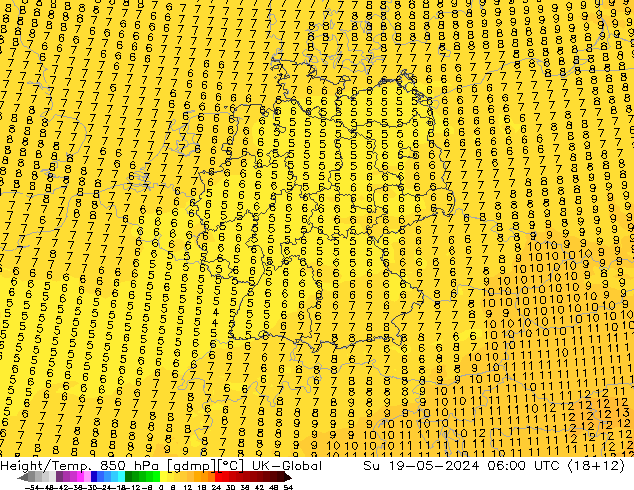 Géop./Temp. 850 hPa UK-Global dim 19.05.2024 06 UTC