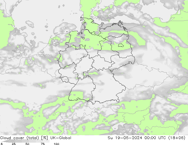 Cloud cover (total) UK-Global Su 19.05.2024 00 UTC