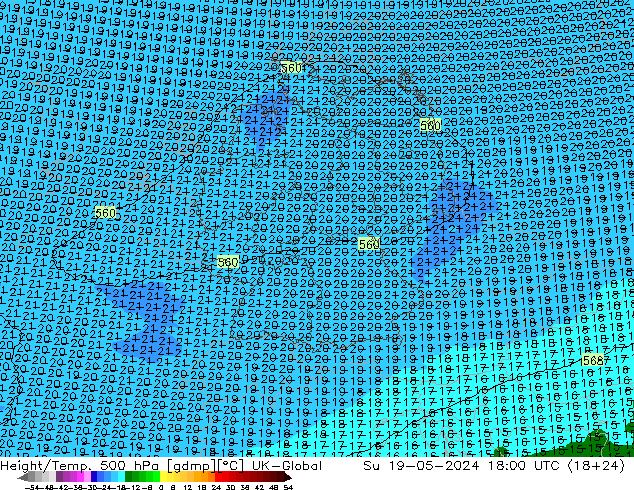 Height/Temp. 500 hPa UK-Global Su 19.05.2024 18 UTC