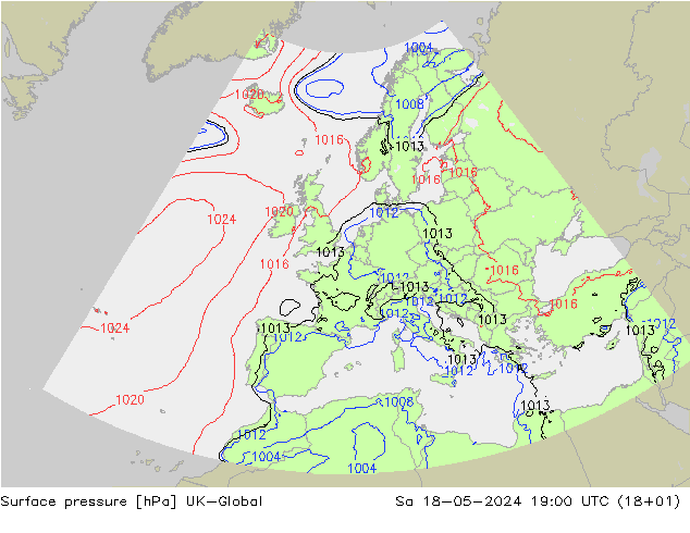 地面气压 UK-Global 星期六 18.05.2024 19 UTC