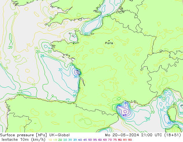 Isotachs (kph) UK-Global пн 20.05.2024 21 UTC