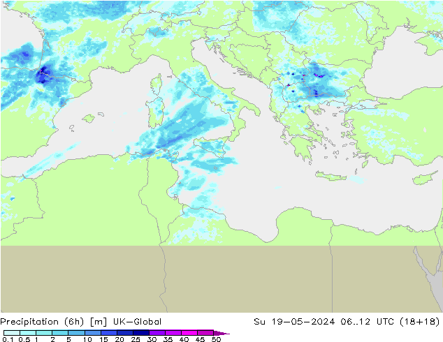 Précipitation (6h) UK-Global dim 19.05.2024 12 UTC