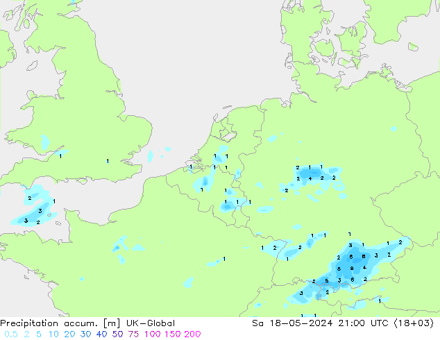 Precipitation accum. UK-Global сб 18.05.2024 21 UTC