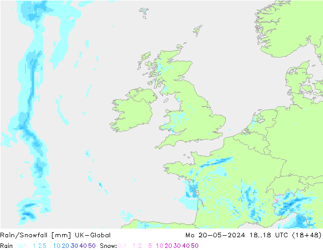 Rain/Snowfall UK-Global пн 20.05.2024 18 UTC