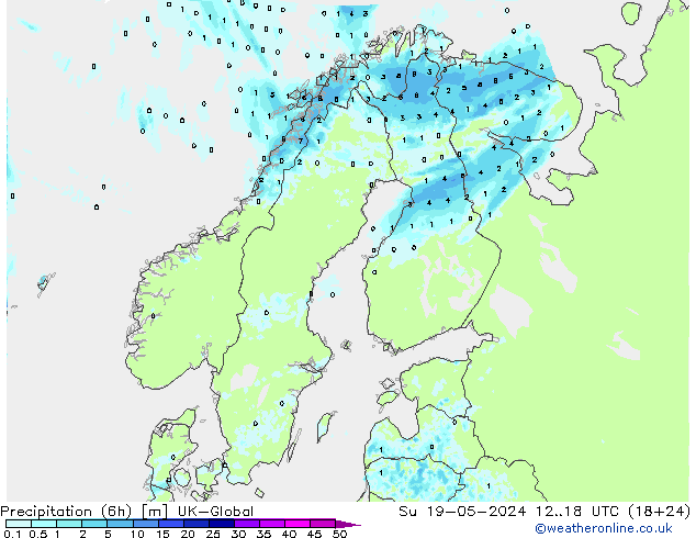 降水量 (6h) UK-Global 星期日 19.05.2024 18 UTC