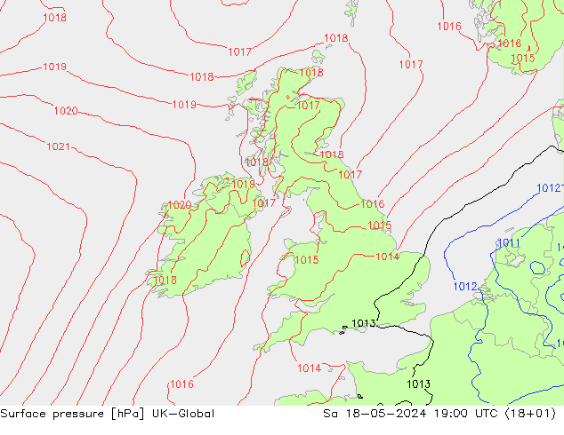 Pressione al suolo UK-Global sab 18.05.2024 19 UTC
