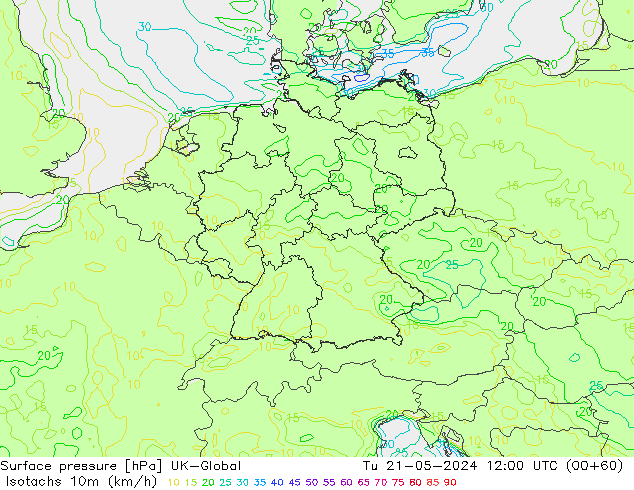 Isotachs (kph) UK-Global mar 21.05.2024 12 UTC