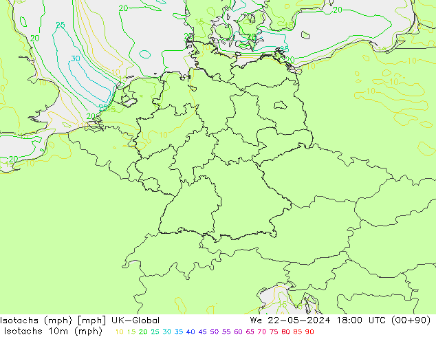 Isotachs (mph) UK-Global mer 22.05.2024 18 UTC