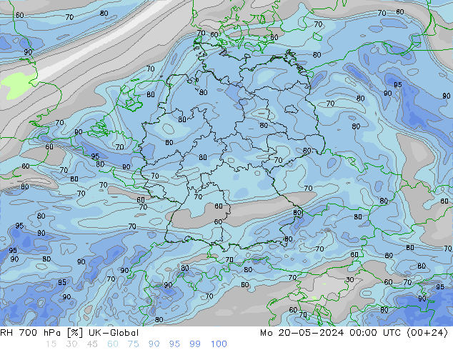 Humidité rel. 700 hPa UK-Global lun 20.05.2024 00 UTC