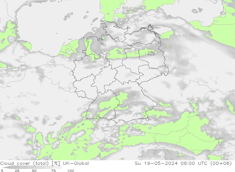 Cloud cover (total) UK-Global Su 19.05.2024 06 UTC