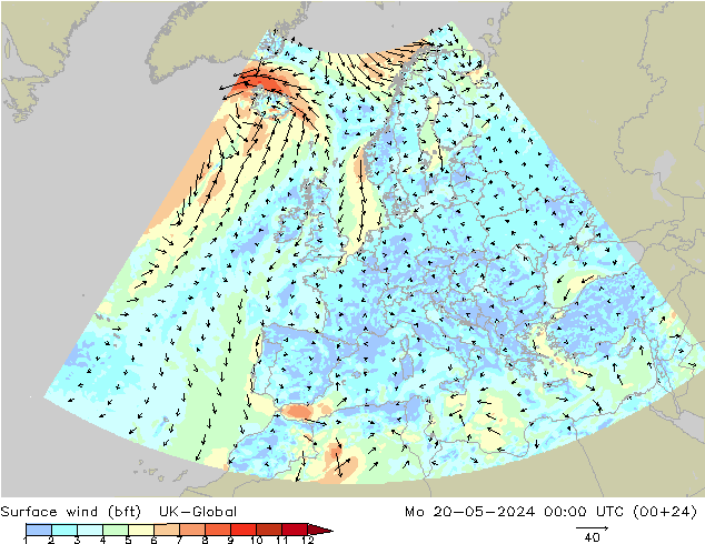 wiatr 10 m (bft) UK-Global pon. 20.05.2024 00 UTC