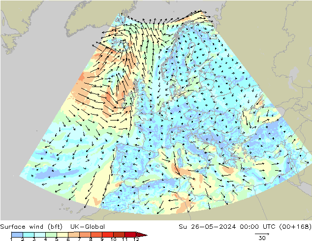 Rüzgar 10 m (bft) UK-Global Paz 26.05.2024 00 UTC