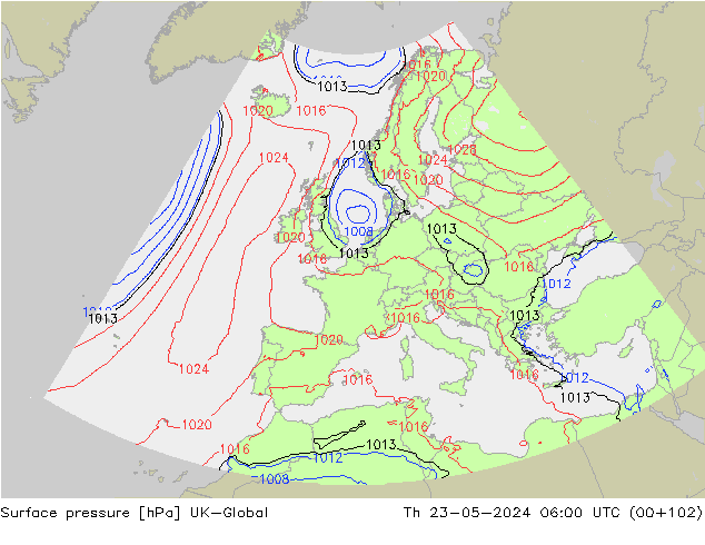 Surface pressure UK-Global Th 23.05.2024 06 UTC